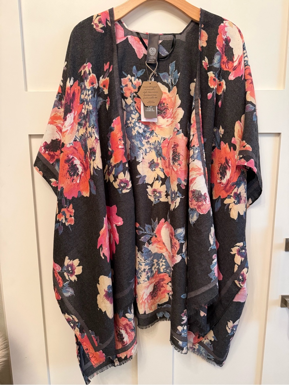 Vince Camuto Black Floral Open-Front Kimono with Pink & Cream Blooms